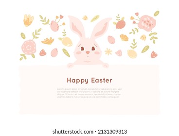 Happy Easter banner with cute rabbit head, eggs, flowers, leaves in pastel colors. Vector illustration with text on abstract shape. Minimal art, card with bunny, flyer template. Animal holding a paper