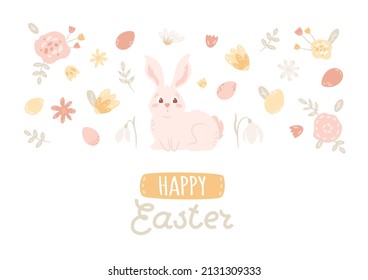 Happy Easter banner with cute rabbit. Card with bunny, eggs, abstract flowers, leaves in pastel colors. Vector illustration with hand written text. Minimal art with animal.