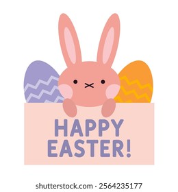 Happy Easter banner with cute rabbit and eggs, pastel colors. Trendy modern vector illustration isolated on white background, hand drawn, flat design