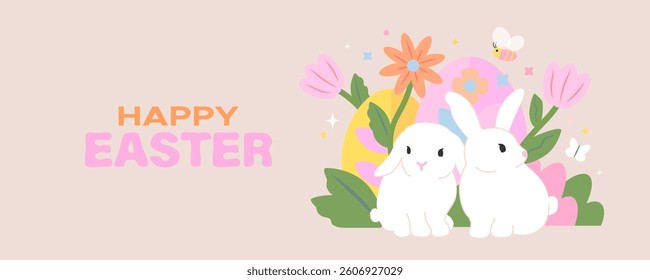 Happy Easter banner with cute rabbits, easter eggs, flowers and bee on a beige background. Vector illustration.