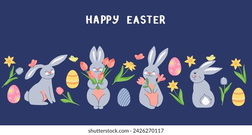 Happy Easter banner with cute spring bunny and flowers. Easter cartoon rabbits on blue background.
