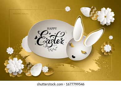 Happy Easter banner. Cute white rabbit with brush stroke, glittering, hanging gold eggs, flowers on golden background with pattern. For invitation, poster, cards. Paper art style. Vector illustration