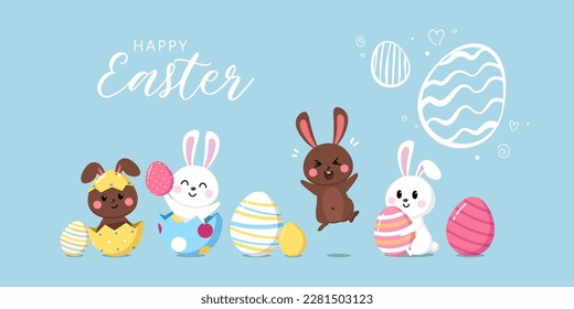 Happy Easter banner with cute white and brown bunny and colorful eggs. Cartoon characters animals on a blue background with a large congratulations inscription. Vector illustration for holiday, spring