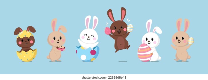 Alegre banner de Semana Santa con lindo conejito blanco, beige y marrón y huevos coloridos. Personajes de dibujos animados de animales de fondo azul. Ilustración vectorial para el feriado, primavera.