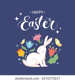 Happy Easter Banner, with cute white bunnies and floral elements. Trendy Poster, Greeting Card with traditional festive elements. Easter Holiday Card Vector Illustration