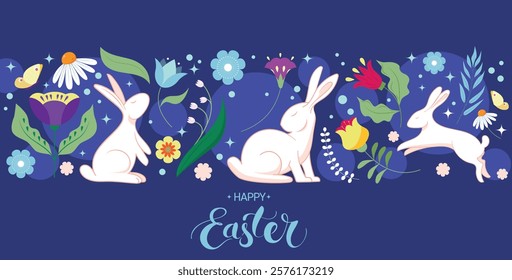 Happy Easter Banner, with cute white bunnies and floral elements. Trendy Poster, Greeting Card with traditional festive elements. Easter Holiday Card Vector Illustration