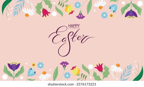 Happy Easter Banner, with cute white bunnies and floral elements. Trendy Poster, Greeting Card with traditional festive elements. Easter Holiday Card Vector Illustration