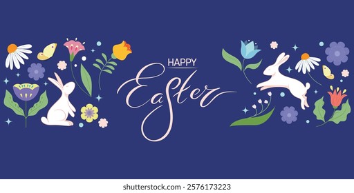 Happy Easter Banner, with cute white bunnies and floral elements. Trendy Poster, Greeting Card with traditional festive elements. Easter Holiday Card Vector Illustration