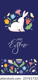 Happy Easter Banner, with cute white bunnies and floral elements. Trendy Poster, Greeting Card with traditional festive elements. Easter Holiday Card Vector Illustration