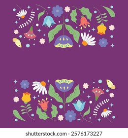 Happy Easter Banner, with cute white bunnies and floral elements. Trendy Poster, Greeting Card with traditional festive elements. Easter Holiday Card Vector Illustration