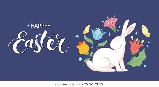 Happy Easter Banner, with cute white bunnies and floral elements. Trendy Poster, Greeting Card with traditional festive elements. Easter Holiday Card Vector Illustration