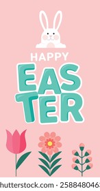 Happy Easter Banner, with cute white bunnies and floral elements. Trendy Poster, Greeting Card with traditional festive elements. Easter Holiday Card Vector Illustration