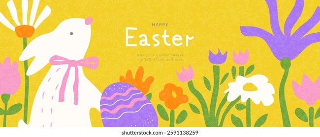 Happy Easter banner with cute white bunny and hand drawn spring flowers. Modern design with grainy texture. Spring template for seasonal greetings, web banner, advertisement. Vector illustration