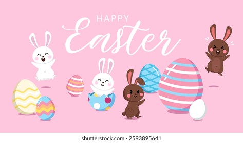 Happy Easter banner with cute white and brown bunny and colorful eggs. Cartoon characters animals on a pink background with a large congratulations inscription. Vector illustration for holiday, spring