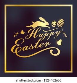 Happy Easter banner with decorated eggs and rabbit. Vector illustration greeting card