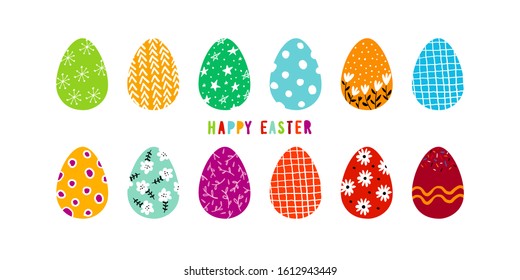 Happy Easter. Banner with decorated Easter eggs. Set of multicolored decorated festive design elements. Flat vector illustration.