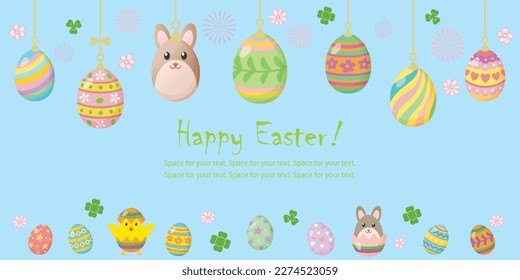 Happy Easter banner with decorated eggs and cute bunny. Vector illustration.