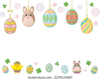 Happy Easter banner with decorated eggs and cute bunny. Vector illustration.