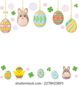 Happy Easter banner with decorated eggs and cute bunny. Vector illustration.