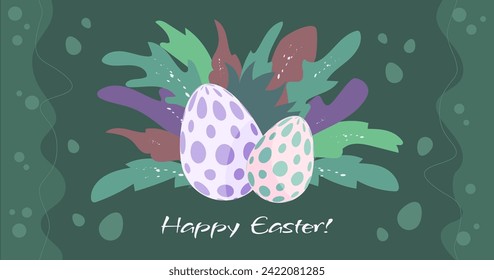 Cartel feliz de Pascua con huevos decorados escondidos en el césped, afiche moderno, saludo con vacaciones cristianas en primavera. Ilustración vectorial.