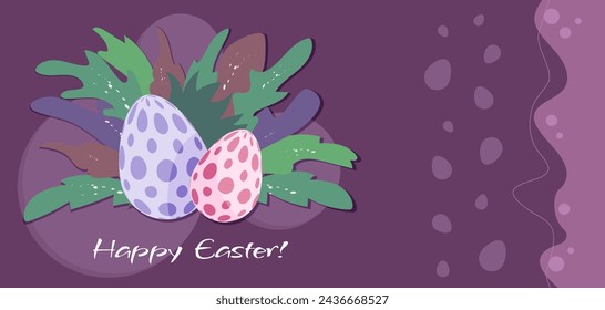 Happy Easter banner with decorated eggs hidden in grass, modern poster, greeting with springtime Christian holiday. Vector Illustration.