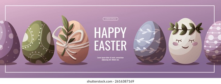 Happy Easter banner with decorated easter eggs. Festive, holiday, Easter. Vector illustration for, banner, promo, sale, advertising.