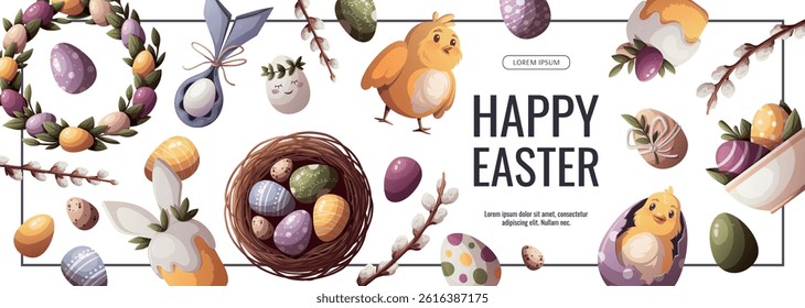 Happy Easter banner with decorated easter eggs, bird's nest, easter cake, chicks, wreath. Vector illustration for, banner, promo, sale, advertising.