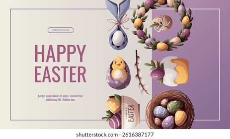 Happy Easter banner with decorated easter eggs, bird's nest, easter cake, chicks, wreath. Vector illustration for, banner, promo, sale, advertising.