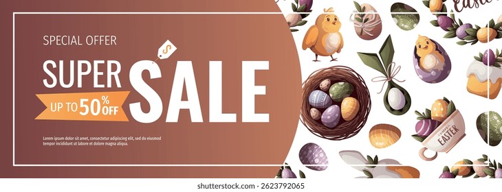 Bandeira de Páscoa feliz com ovos de páscoa decorados, ninho de pássaro, bolos de páscoa, galinhas, coroa. Ilustração de vetor para, banner, promoção, venda, publicidade.	
