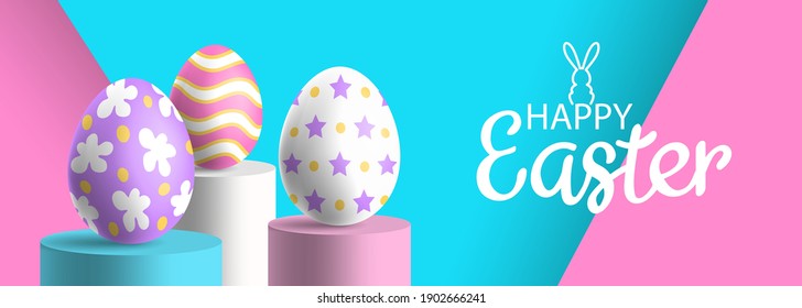 happy easter banner design with 3d eggs on cylinder podiums minimal scene vector illustration