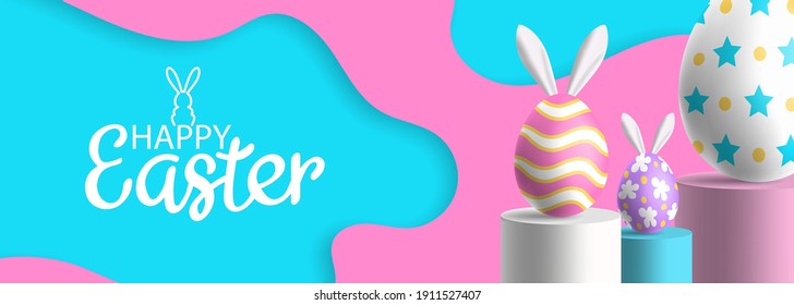 happy easter banner design  3d eggswith  bunny ears on cylinder podiums minimal scene vector illustration