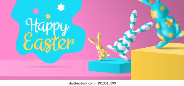 happy easter banner design  3d   decorated bunny figures on podiums  vector illustration