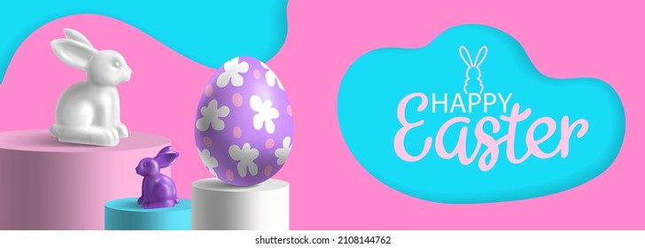 happy easter banner design  with  3d rabbit figures  and egg  on cylinder podiums vector illustration