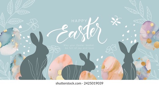 Happy Easter banner. Design with beautiful painted eggs, rabbits, various spring plants, golden splashes and handwritten inscription. Vector illustration.