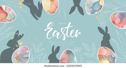 Happy Easter banner. Design with beautiful painted eggs, rabbits, various spring plants, golden splashes and handwritten inscription. Vector illustration.