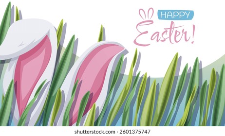 Happy Easter Banner Design with Bunny Ears Peeking from Grass. Happy Easter Celebration. Spring Vector Background for Cards, Posters, and Social Media. Perfect for Festive Promotions.