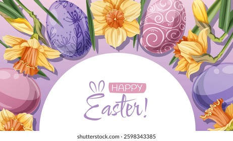 Happy Easter Banner Design with Colorful Easter Eggs and yellow daffodils. Vector Background for Cards, Posters, Advertising