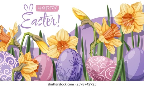 Happy Easter Banner Design with Colorful Easter Eggs and yellow daffodils. Vector Background for Cards, Posters, Advertising