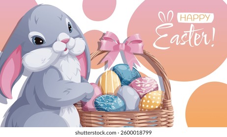Happy Easter Banner Design with Cute Bunny and Colorful Eggs in a Basket. Happy Easter Celebration. Spring Vector Background for Cards, Posters, and Social Media. Perfect for Festive Promotions.