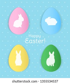 Happy Easter banner design with decorative colored paper eggs and white bunny silhouettes on blue background. - Vector