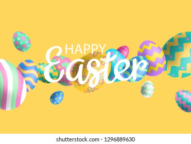 happy easter banner design with flying 3d decorating eggs