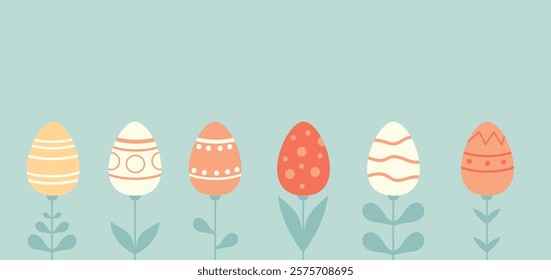 Happy Easter banner design. Greeting card, poster or banner with colorful eggs flowers. Minimalistic style easter background. Flat vector illustration