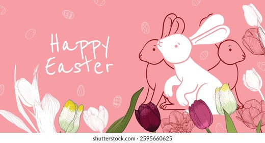 Happy Easter banner design with hand drawn cute rabbit and flowers on a pink background. Awesome design for banners and visuals. 