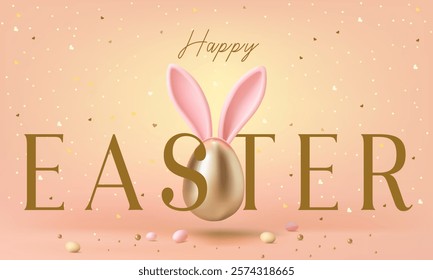 Happy easter banner design. Easter illustration. Easter background. Easter poster, greeting card, invitation, flyer. Easterly card. Egg hunt celebration design. Egg with bunny ears. Eggs and bunny