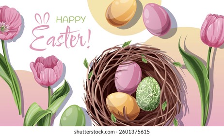 Happy Easter Banner Design with Nest, Colorful Eggs, and Tulips. Happy Easter Celebration. Spring Vector Background for Cards, Posters, and Social Media. Perfect for Festive Promotions