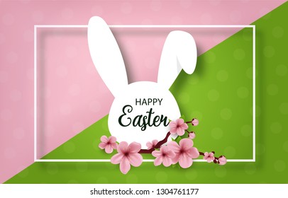 Happy Easter. Banner design Easter. Paper cut effect. Easter bunny. Vector