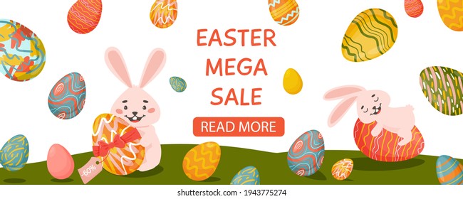 Happy Easter banner. Design for Sale and Discount .Trendy Easter design with typography, hand drawn strokes and dots, eggs, bunnies in pastel colors. Horizontal Poster, Postcard, Header for Website