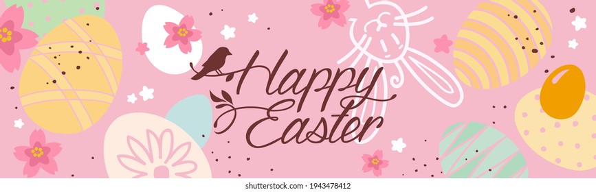 Happy Easter banner. Easter design with typography, hand painted strokes and dots, eggs, bunny. Minimal style. Horizontal poster, greeting card, header for website