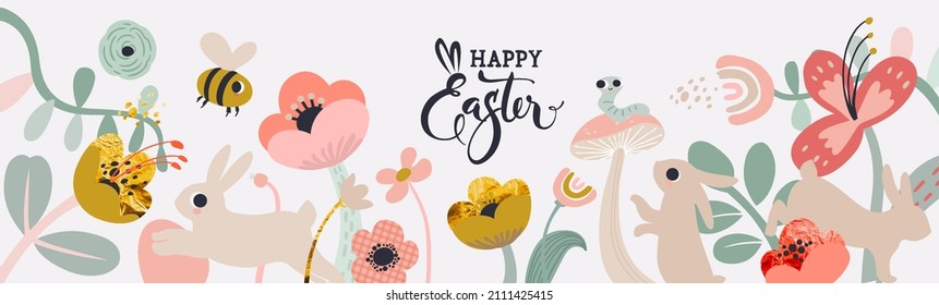 Cartel de Feliz Pascua. Diseño de Semana Santa con tipografía, trazos de flores, puntos, huevos y conejito en colores pastel. Moderno estilo minimalista. Afiche horizontal, tarjeta de saludo, cabecera
