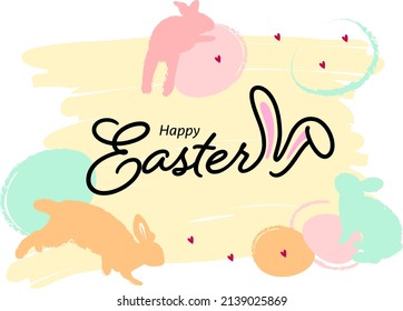 Happy easter banner. Easter design with typography, eggs and bunny in pastel colors. Vector illustration for poster, greeting card, website